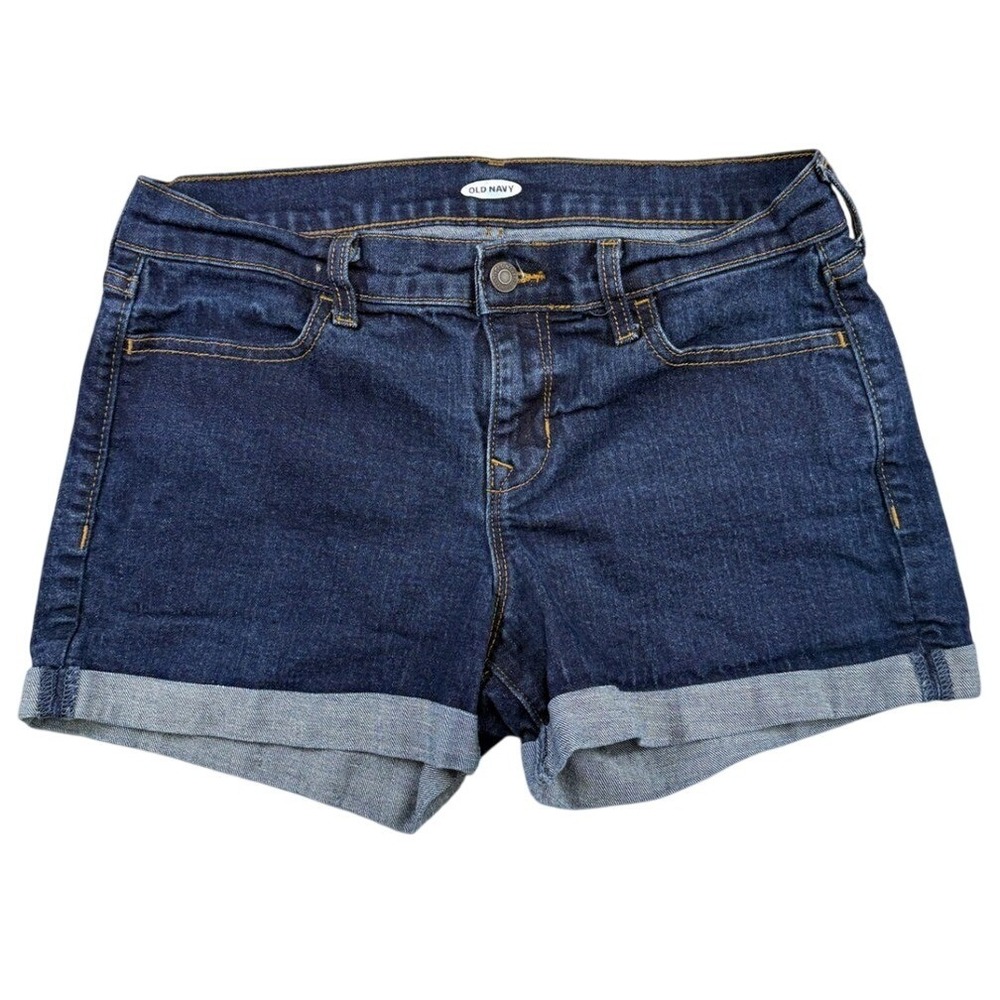Old Navy Womens Dark Wash Cuffed Denim Shorts Size 6 Mid Rise Stretch Blue